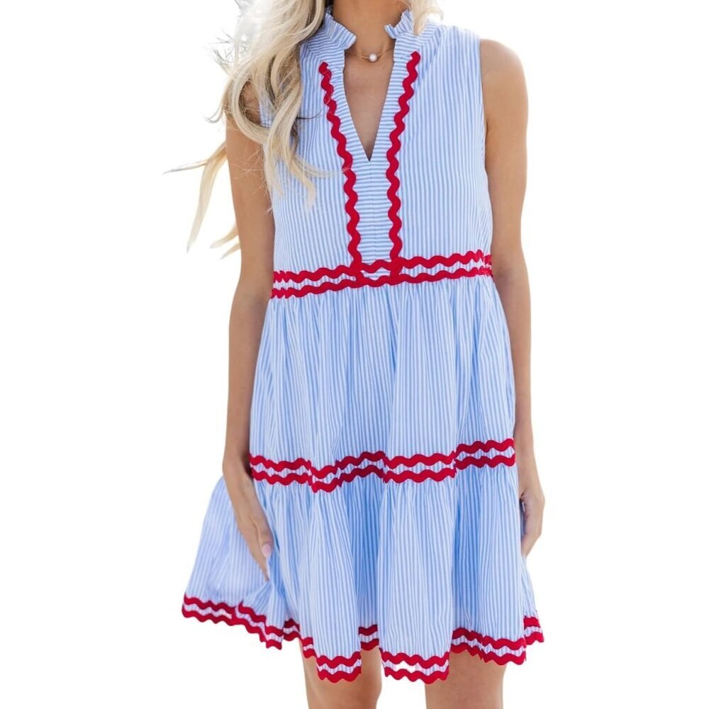 Women's Cotton Striped Ruffled Sleeveless A-Line Dress Medium - Picture 1 of 5